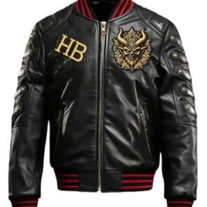 Halloween Gothic Devil Black Bomber Leather Jacket Back