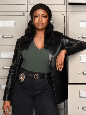 High Potential S02 Javicia Leslie Black Leather Blazer Side