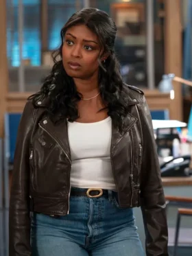 High Potential S02 Javicia Leslie Brown Leather Jacket Side