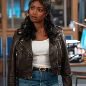 High Potential S02 Javicia Leslie Brown Leather Jacket Side