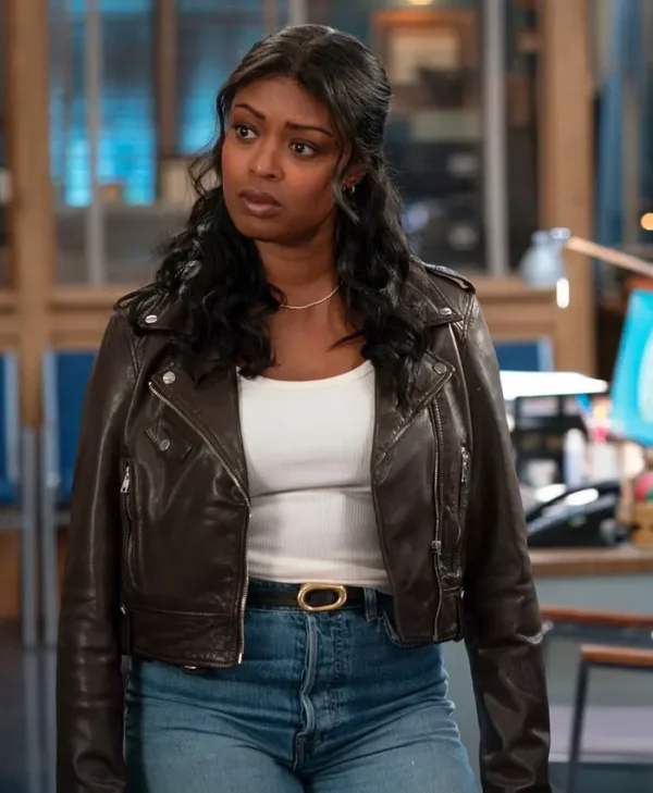 High Potential S02 Javicia Leslie Brown Leather Jacket Side