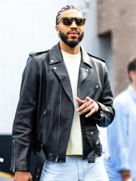 Jayson Tatum New York Fashion Week Black Leather Jacket Side