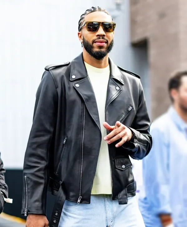 Jayson Tatum New York Fashion Week Black Leather Jacket Side