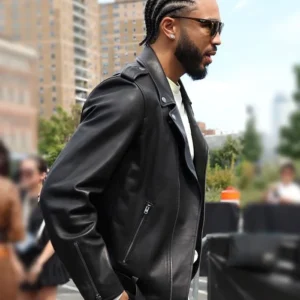 Jayson Tatum New York Fashion Week Black Leather Jacket Front