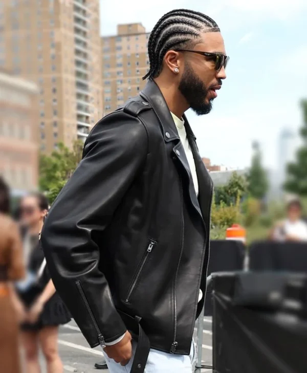 Jayson Tatum New York Fashion Week Black Leather Jacket Front