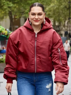 Jessie J Global Radio Studios Red Bomber Jacket Side