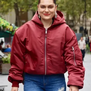 Jessie J Global Radio Studios Red Bomber Jacket Side