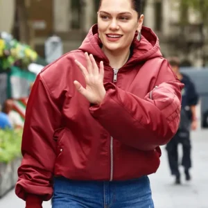 Jessie J Global Radio Studios Red Bomber Jacket Front