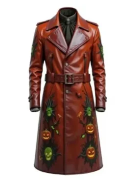 Men’s Gothic Halloween Pumpkin Brown Leather Coat