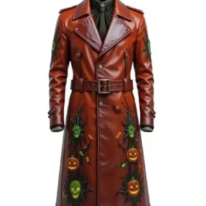 Men’s Gothic Halloween Pumpkin Brown Leather Coat
