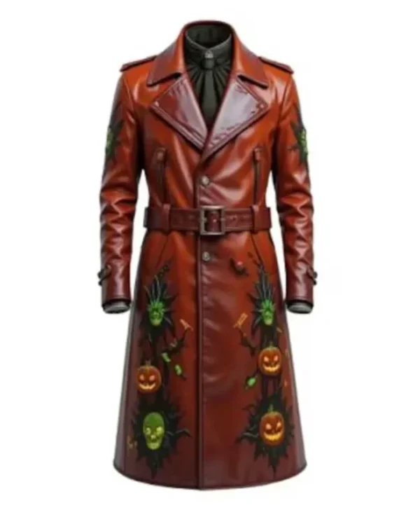 Men’s Gothic Halloween Pumpkin Brown Leather Coat
