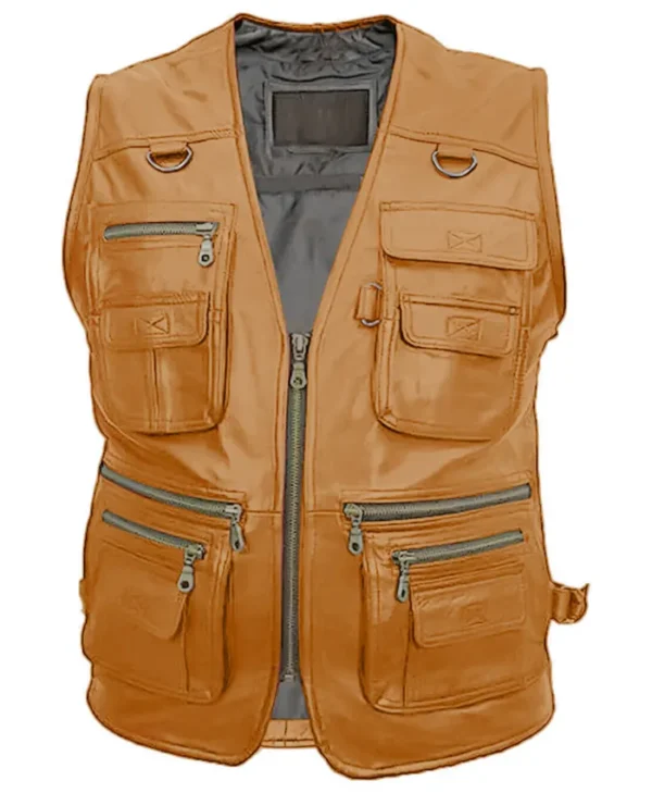 Multiple Pockets Military Tactical Beige Leather Vest Side