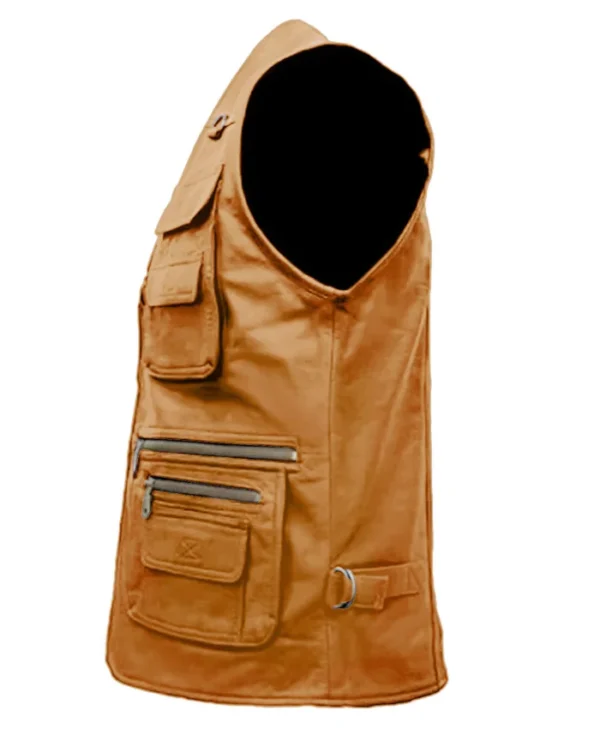 Multiple Pockets Military Tactical Beige Leather Vest Back