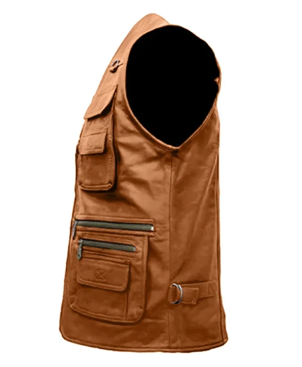 Multiple Pockets Military Tactical Brown Leather Vest Back