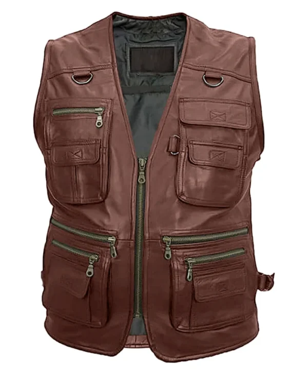 Multiple Pockets Military Tactical Coffee Brown Leather Vest Side