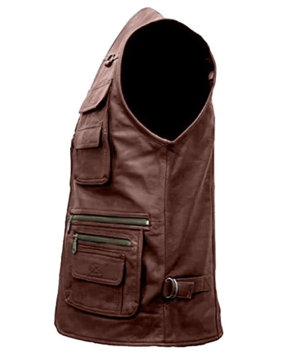 Multiple Pockets Military Tactical Coffee Brown Leather Vest Back
