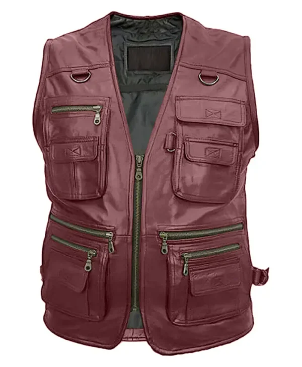 Multiple Pockets Military Tactical Maroon Leather Vest