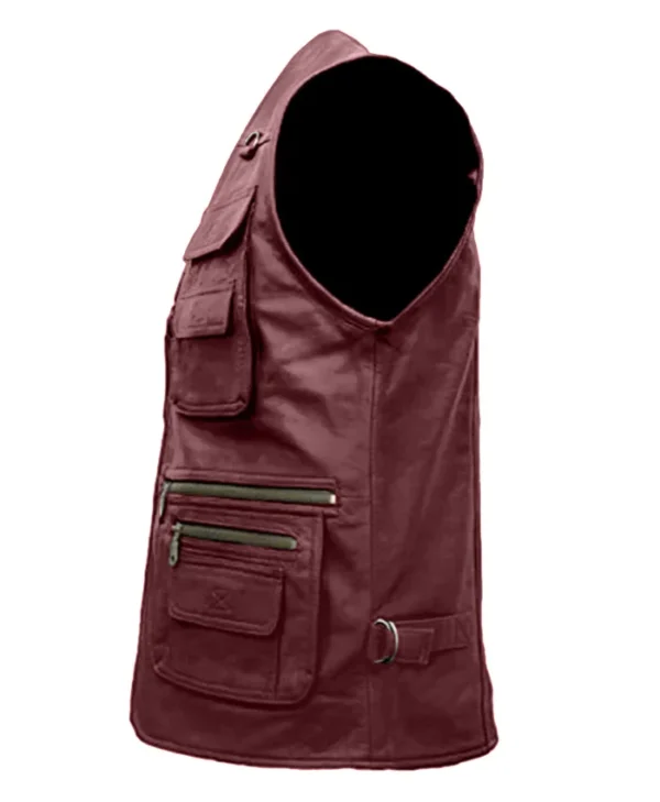 Multiple Pockets Military Tactical Maroon Leather Vest Back