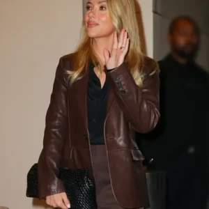 Scarlett Johansson NYC Brown Leather Blazer Front