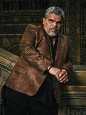 Wednesday S02 Luis Guzmán Brown Leather Blazer Front