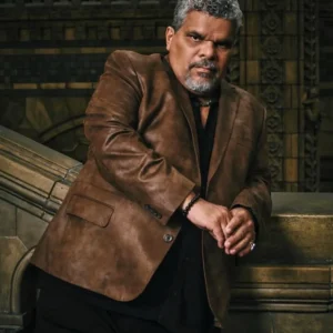 Wednesday S02 Luis Guzmán Brown Leather Blazer Front