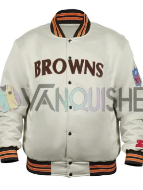 90’s Cleveland Browns White Bomber Satin Jacket front