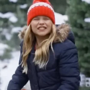 A Christmas Prayer Madeleine Cox Blue Puffer Jacket Side