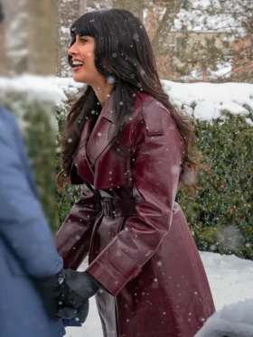 A Merry Little Ex-Mas Jameela Jamil Leather Coat