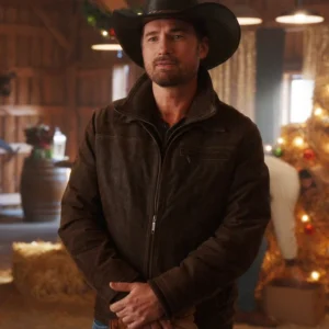 A Royal Montana Christmas Warren Christie Brown Leather Jacket Front