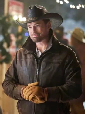 A Royal Montana Christmas Warren Christie Brown Leather Jacket Back