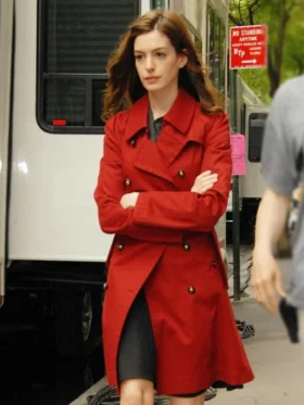 Anne Hathaway NY Red Trench Coat Side