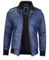 Blue Leather Jacket with Removable Hoodie