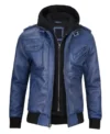 Blue Leather Jacket with Removable Hoodie