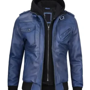 Blue Leather Jacket with Removable Hoodie