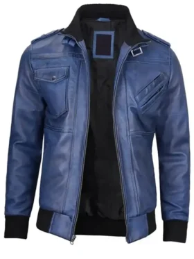 Blue Leather Jacket with Removable Hoodie