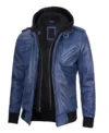 Blue Leather Jacket with Removable Hoodie