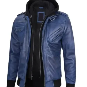 Blue Leather Jacket with Removable Hoodie