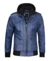 Blue Leather Jacket with Removable Hoodie
