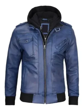 Blue Leather Jacket with Removable Hoodie