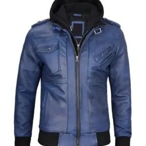 Blue Leather Jacket with Removable Hoodie