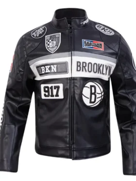 Brooklyn Nets Moto Black Leather Jacket Side