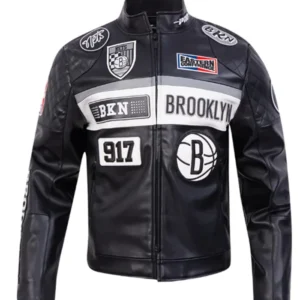 Brooklyn Nets Moto Black Leather Jacket Side