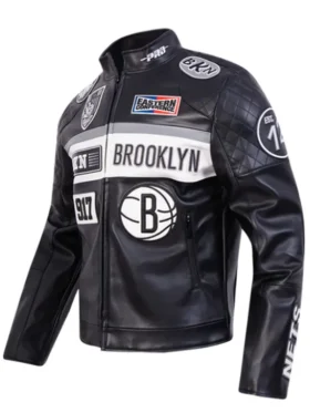 Brooklyn Nets Moto Black Leather Jacket Back