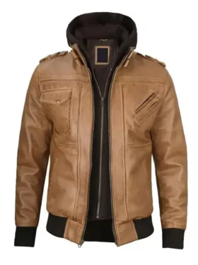 Camel Brown Leather Jacket with Removable Hoodie With Hood