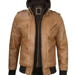 Camel Brown Leather Jacket with Removable Hoodie With Hood