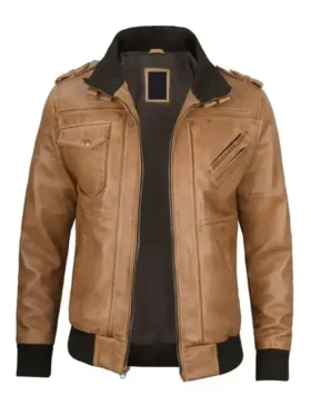 Camel Brown Leather Jacket with Removable Hoodie