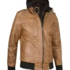Camel Brown Leather Jacket with Removable Hoodie With Hood
