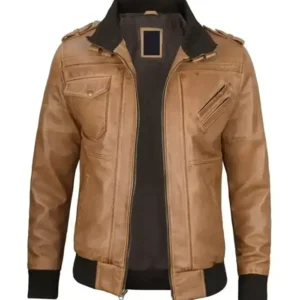 Camel Brown Leather Jacket with Removable Hoodie