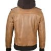 Camel Brown Leather Jacket with Removable Hoodie With Hood Back Look