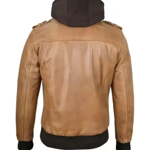 Camel Brown Leather Jacket with Removable Hoodie With Hood Back Look